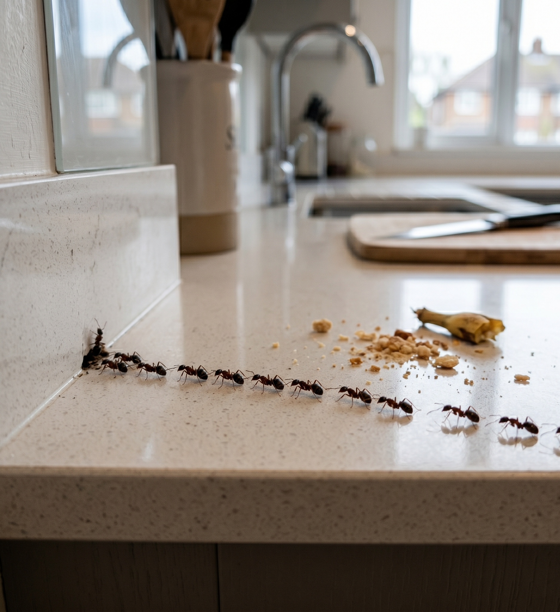 ant infestation near crumbs and food preparation area