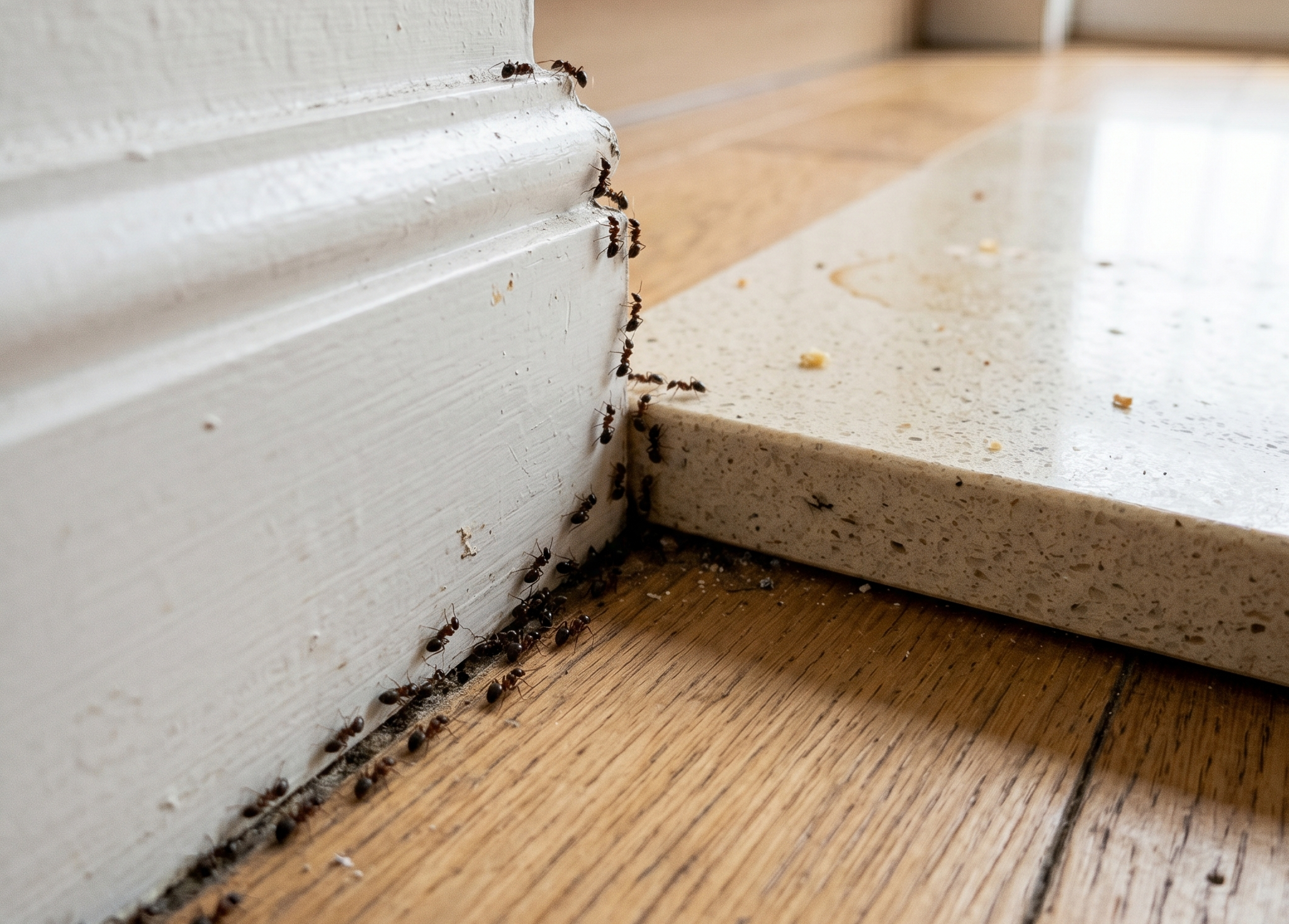 ants travelling along kitchen skirting board and countertop