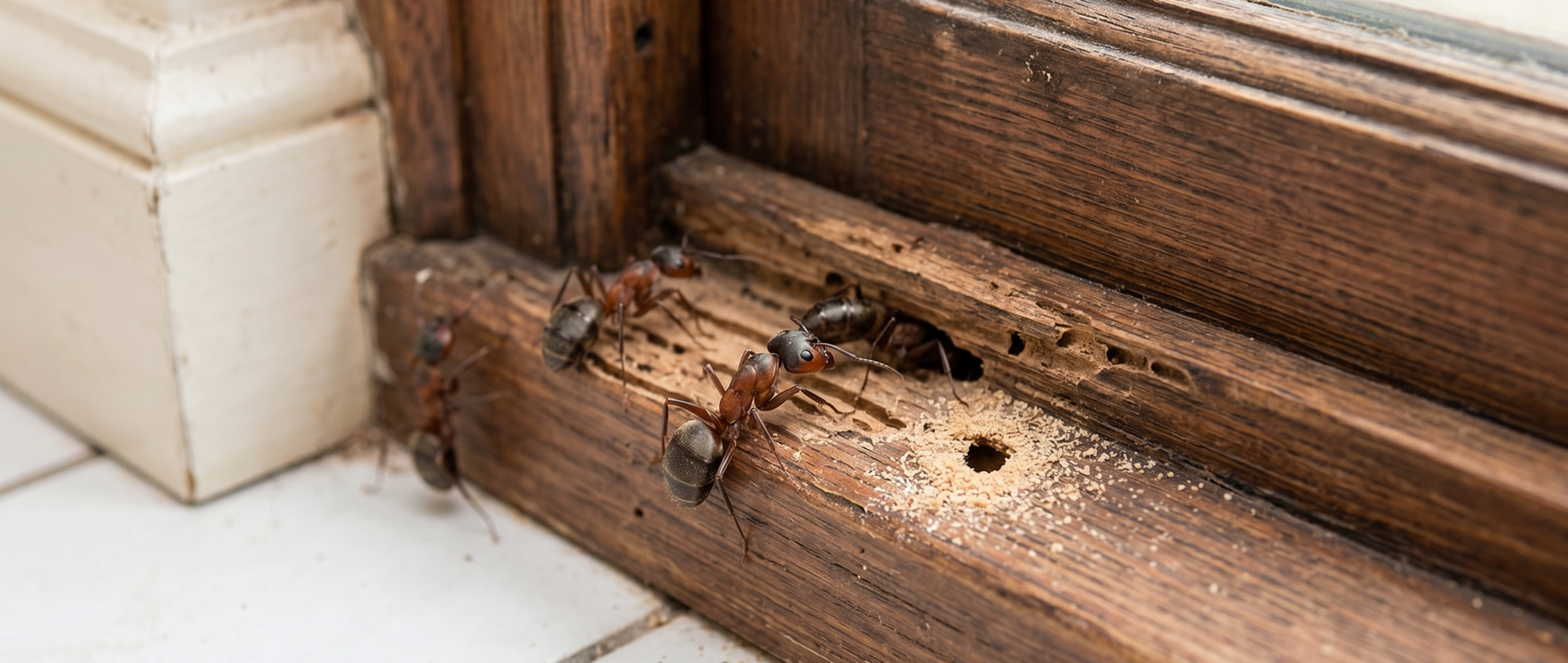 carpenter ant activity near damaged wooden surface