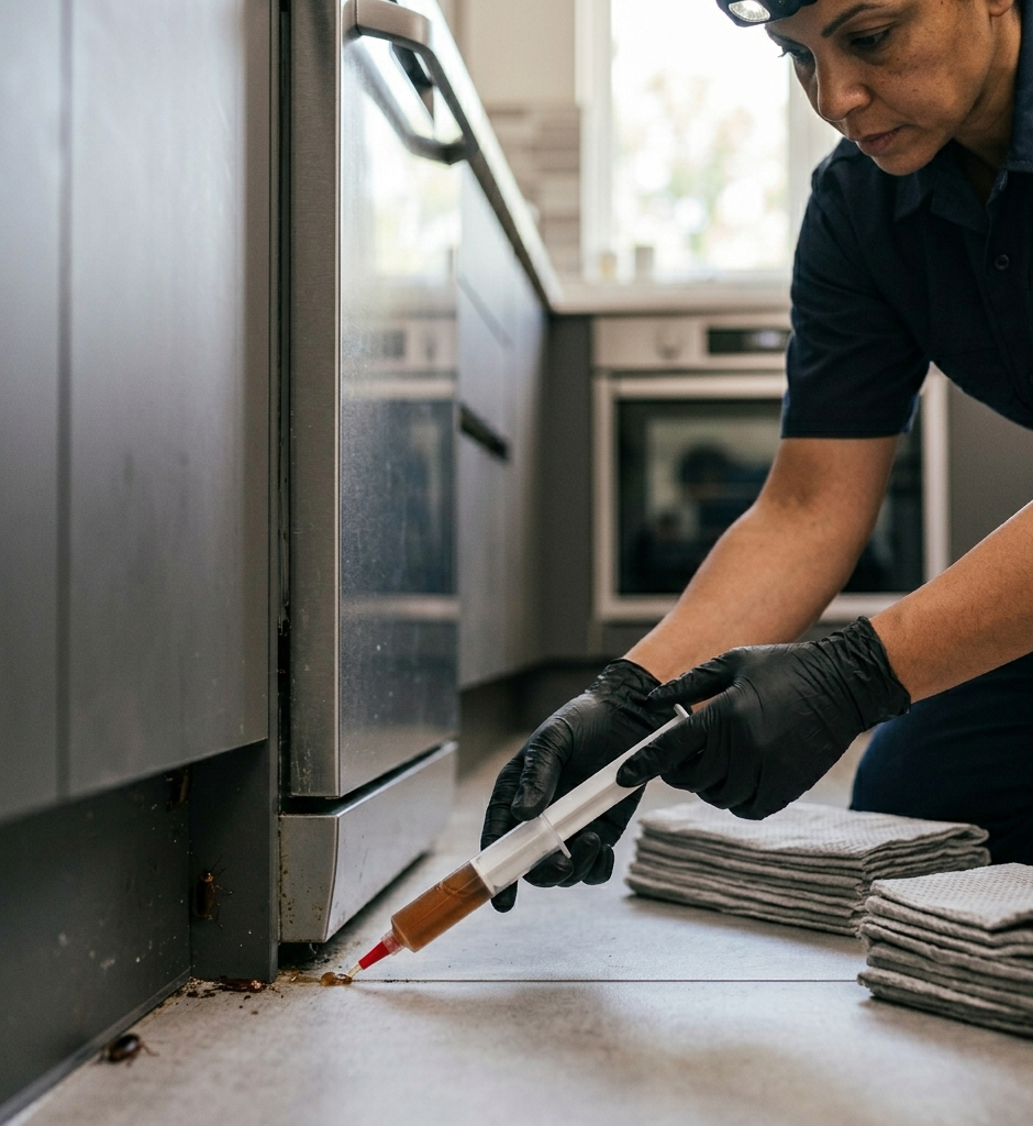 professional cockroach gel bait treatment being applied near kitchen cabinet edges and appliance gaps