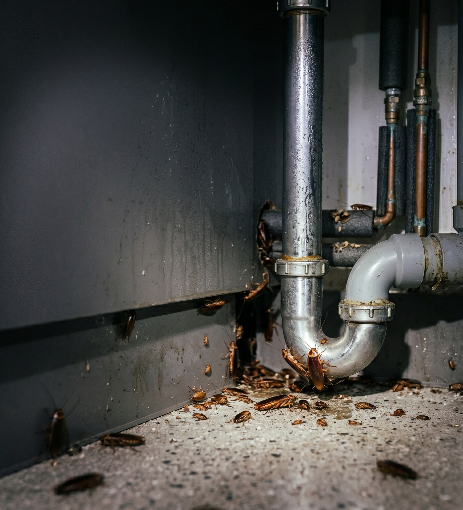 cockroach infestation near kitchen drain and pipework area beneath sink cabinet