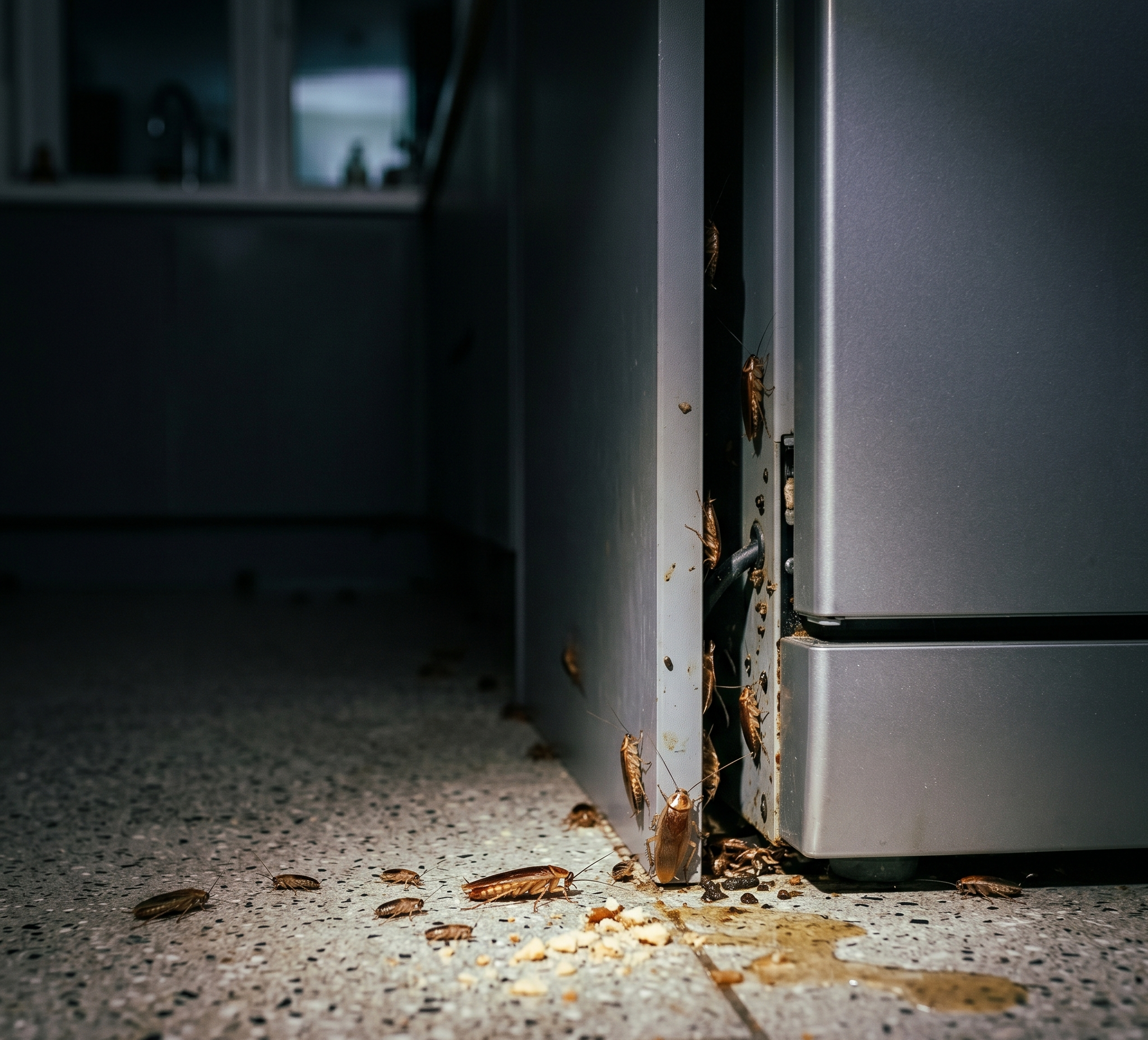 cockroach activity inside dark kitchen during nighttime