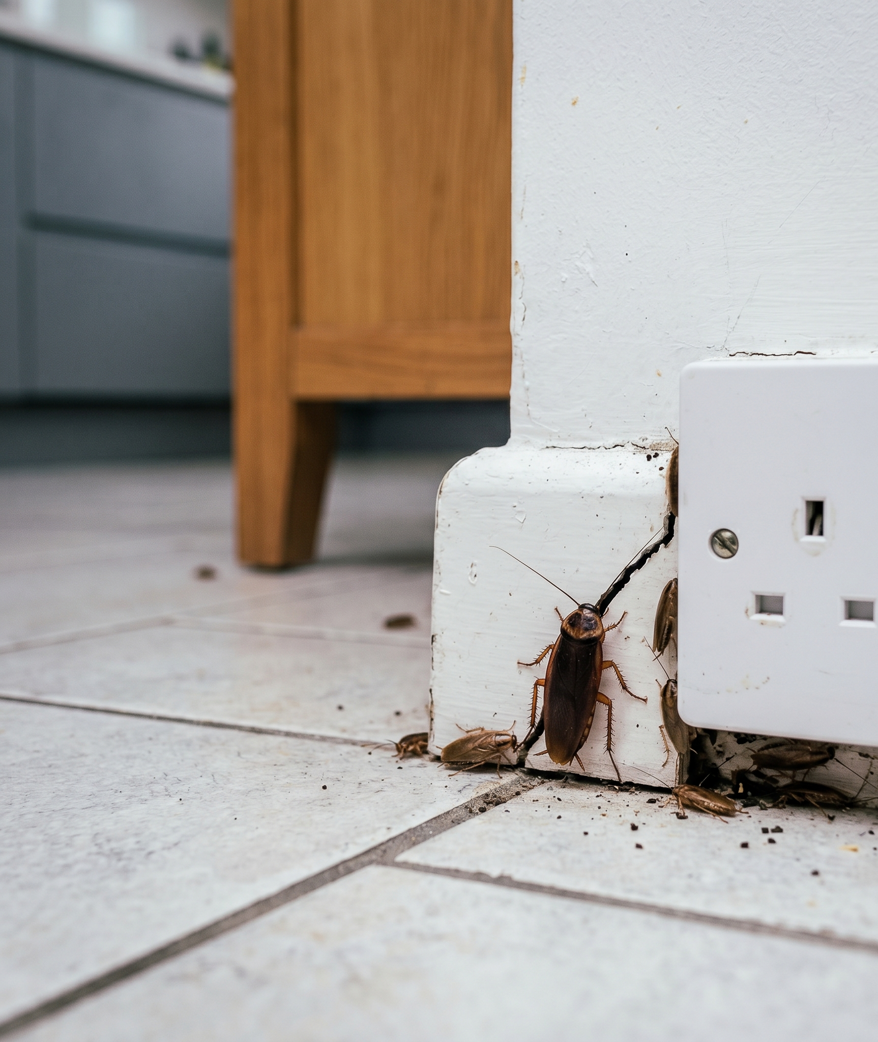 cockroach hiding near wall crack and electrical outlet inside kitchen area