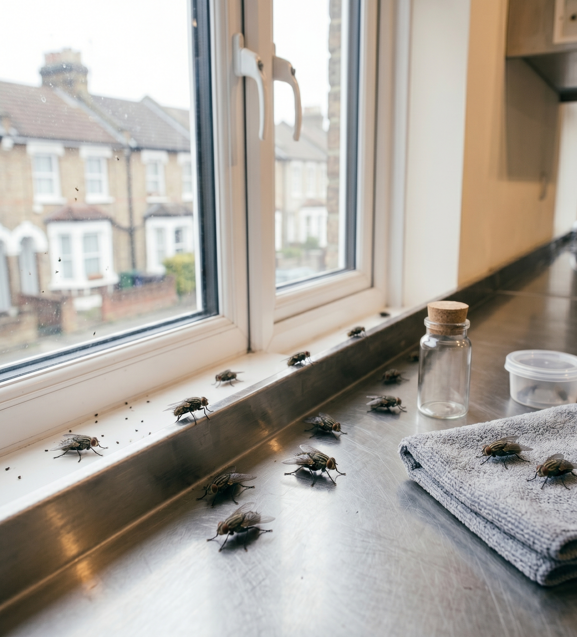 house flies resting near kitchen window and countertop