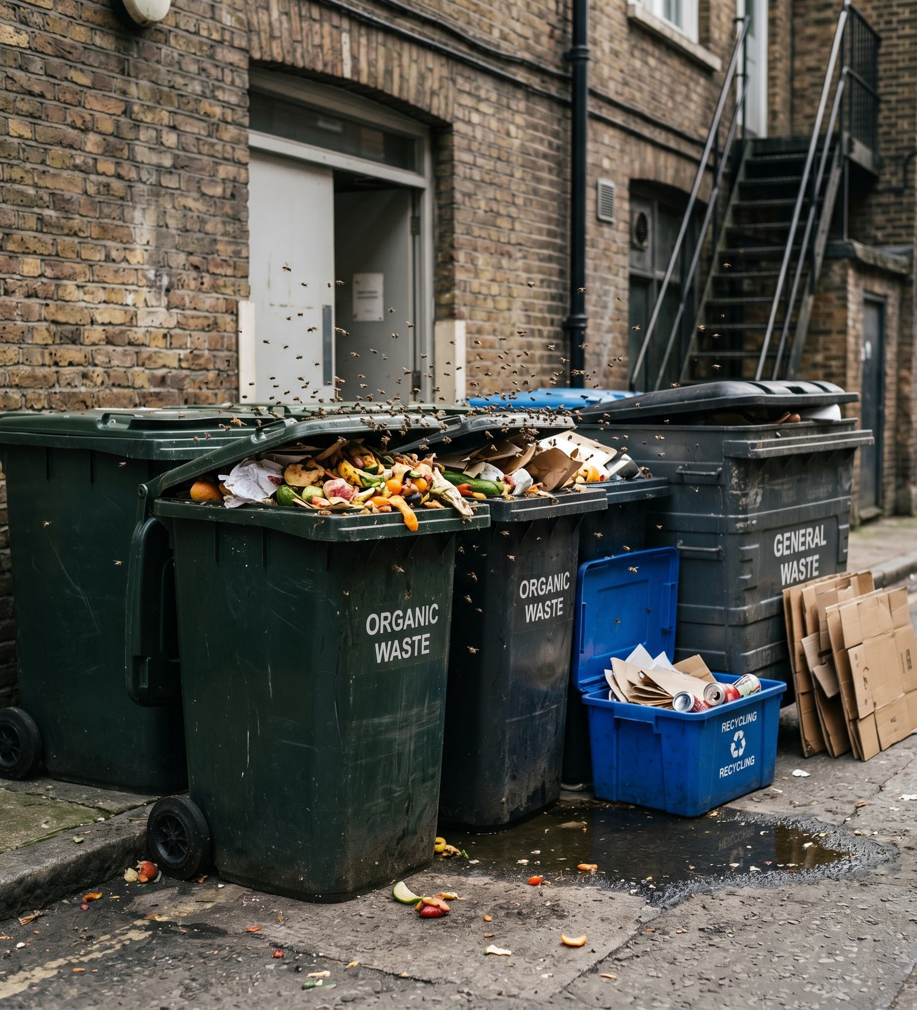 Outdoor commercial waste area behind London restaurant attracting flies