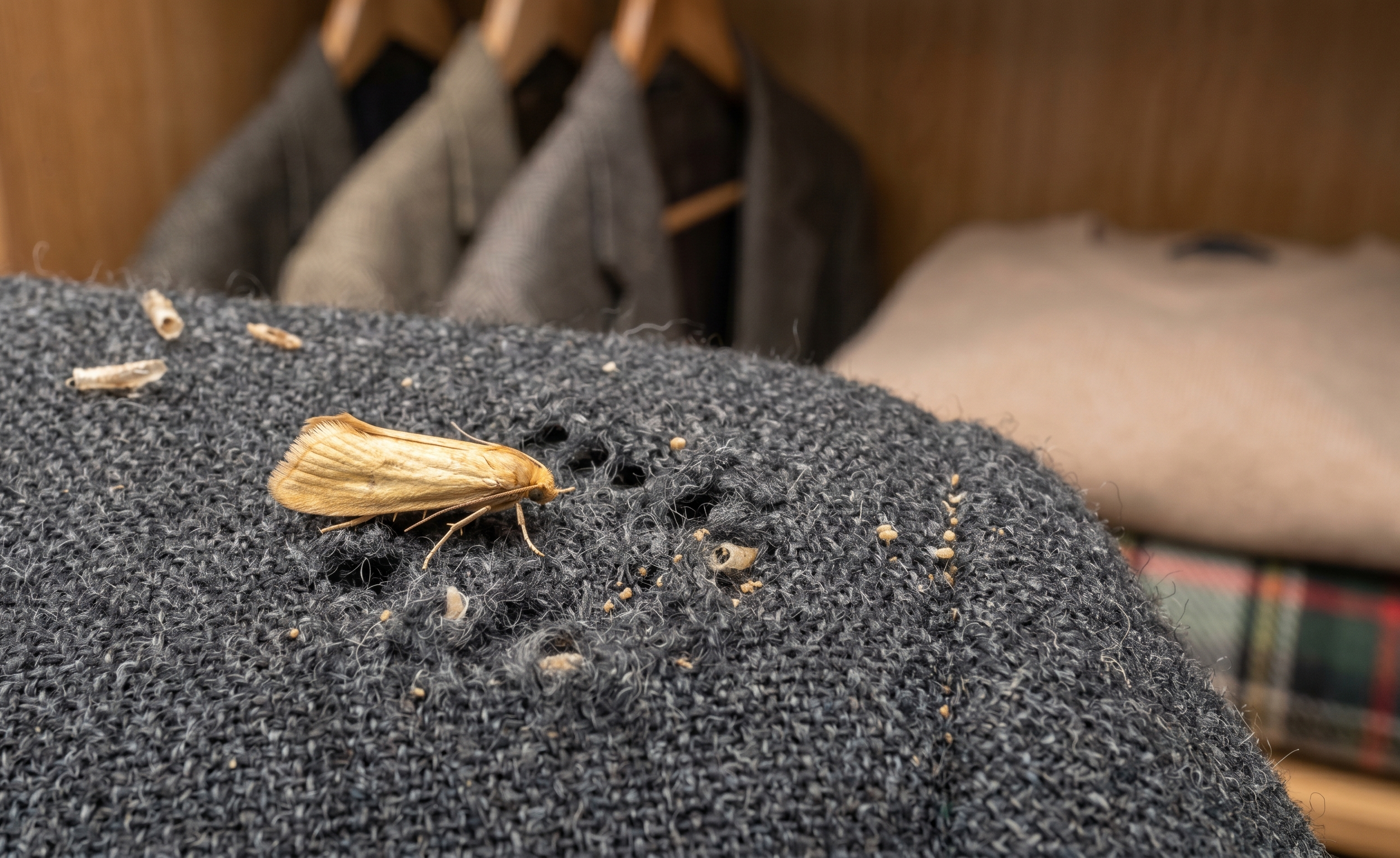 clothes moth resting on wool fabric inside wardrobe