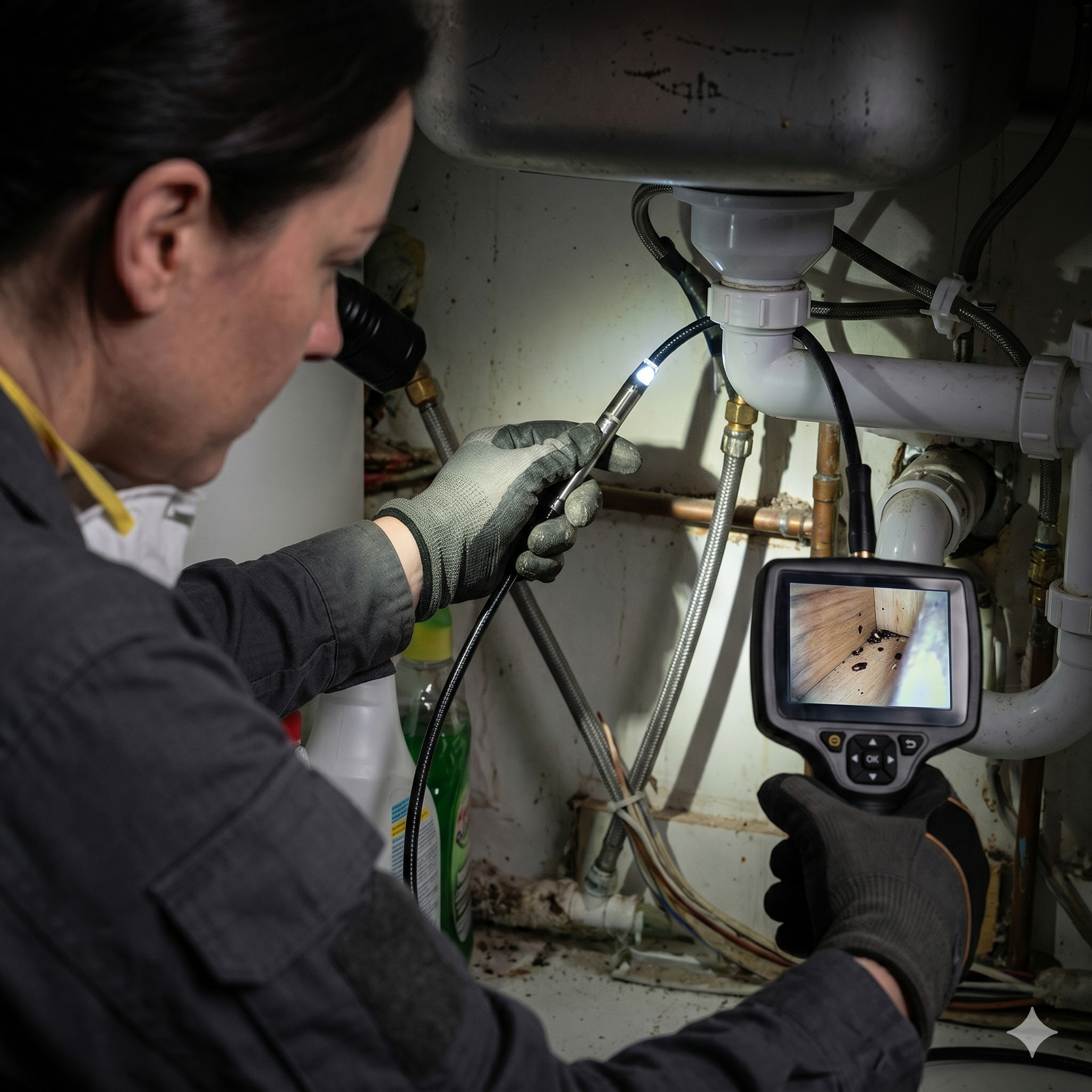 professional pest inspector using endoscope inspection camera behind kitchen cabinets and pipework