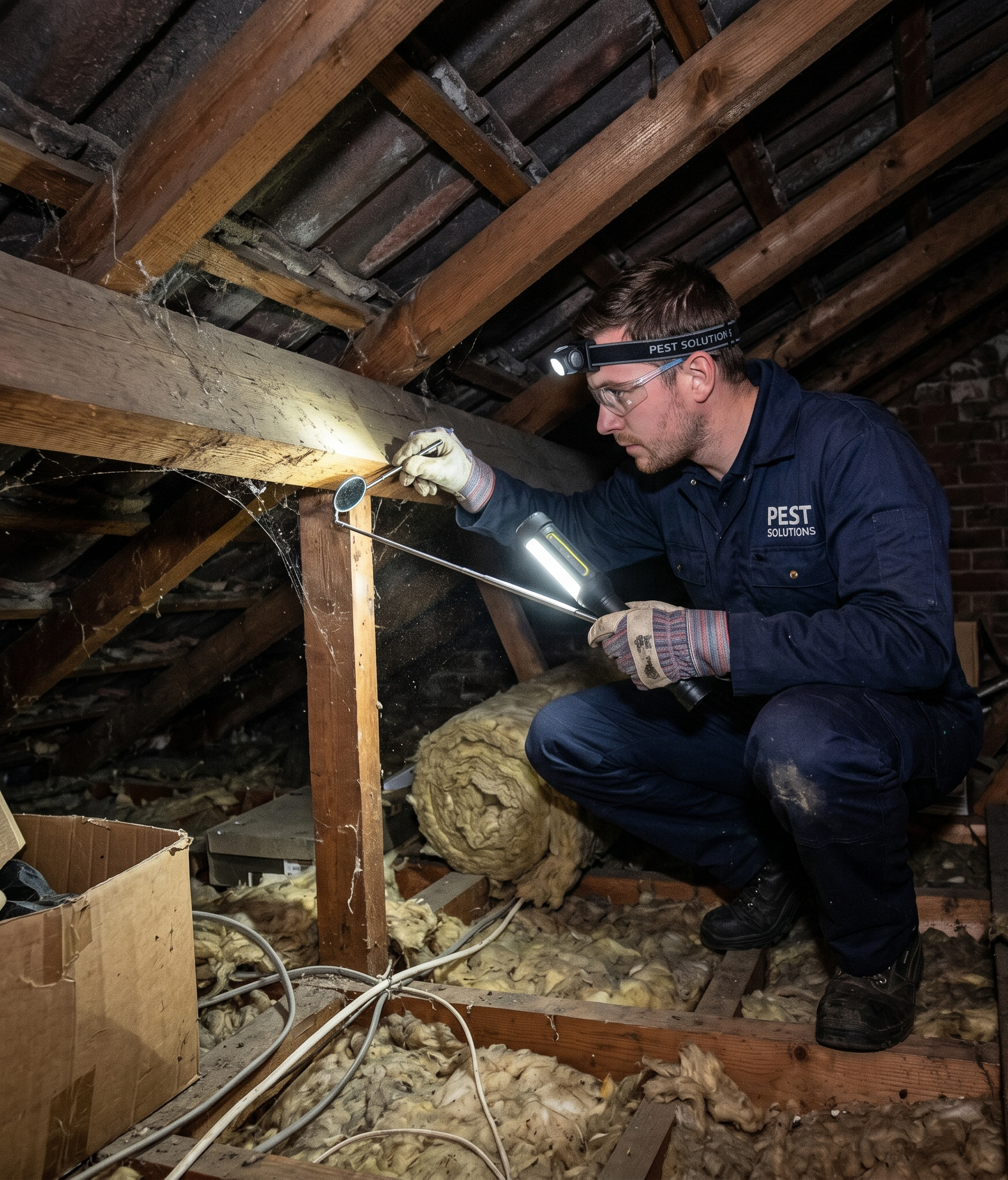 Professional pest inspection inside loft or roof void with technician checking hidden infestation signs using flashlight and inspection equipment
