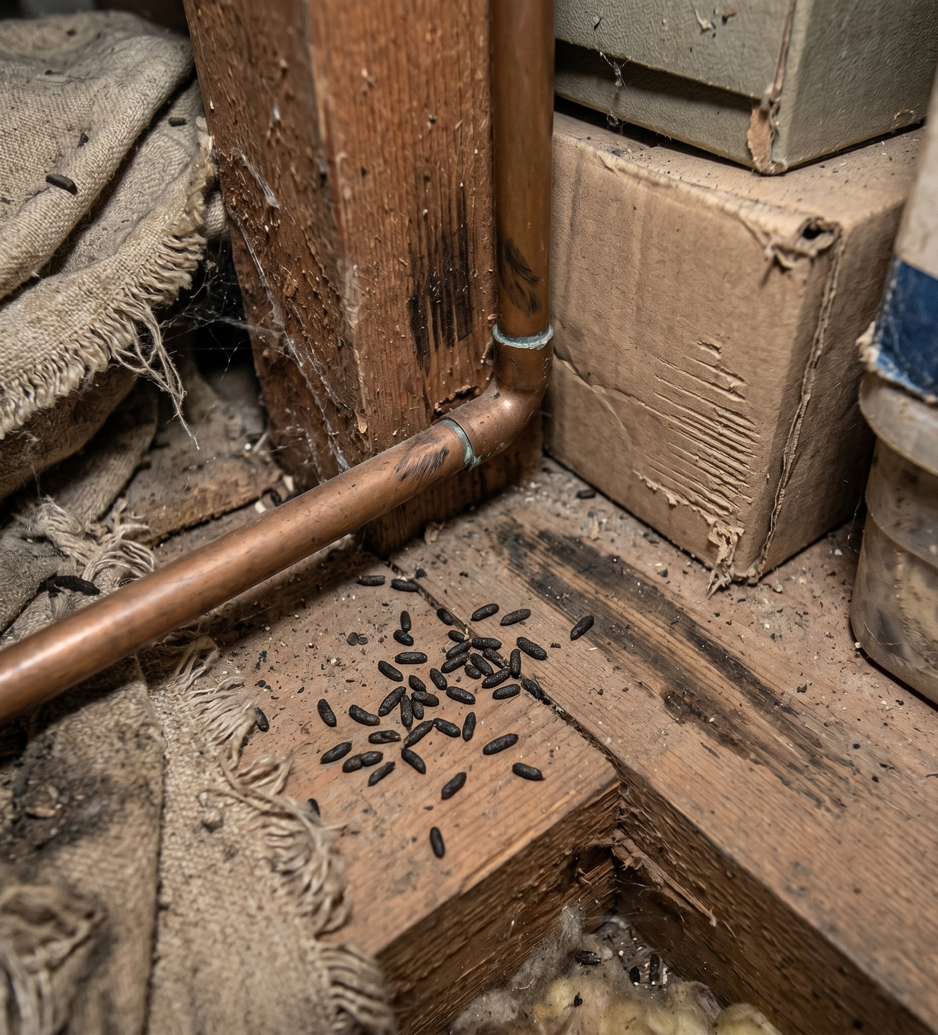 rodent infestation signs including droppings, grease marks, and gnaw damage near pipework and storage area