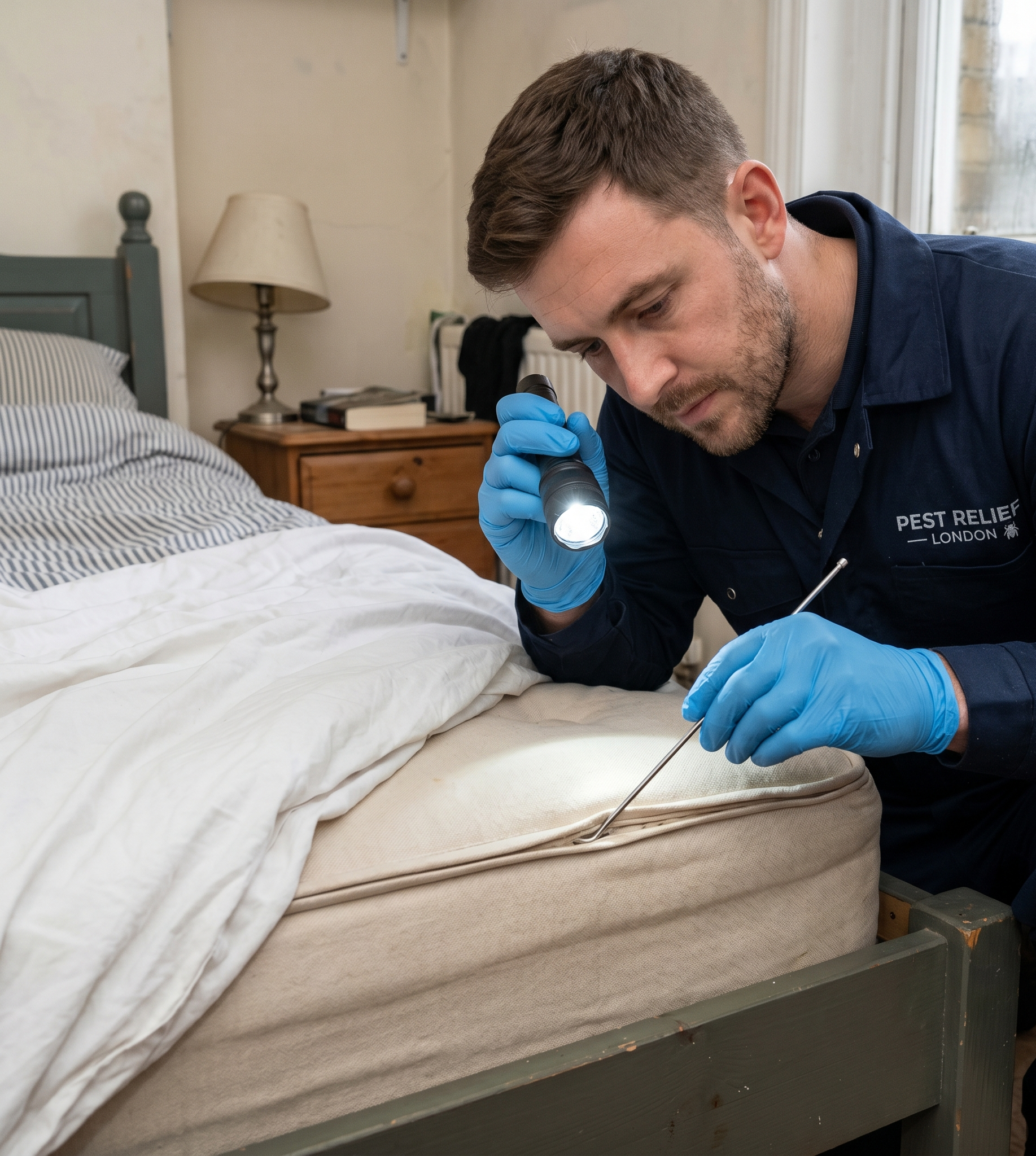 Professional pest inspector examining mattress seams and bed frame for bed bug activity