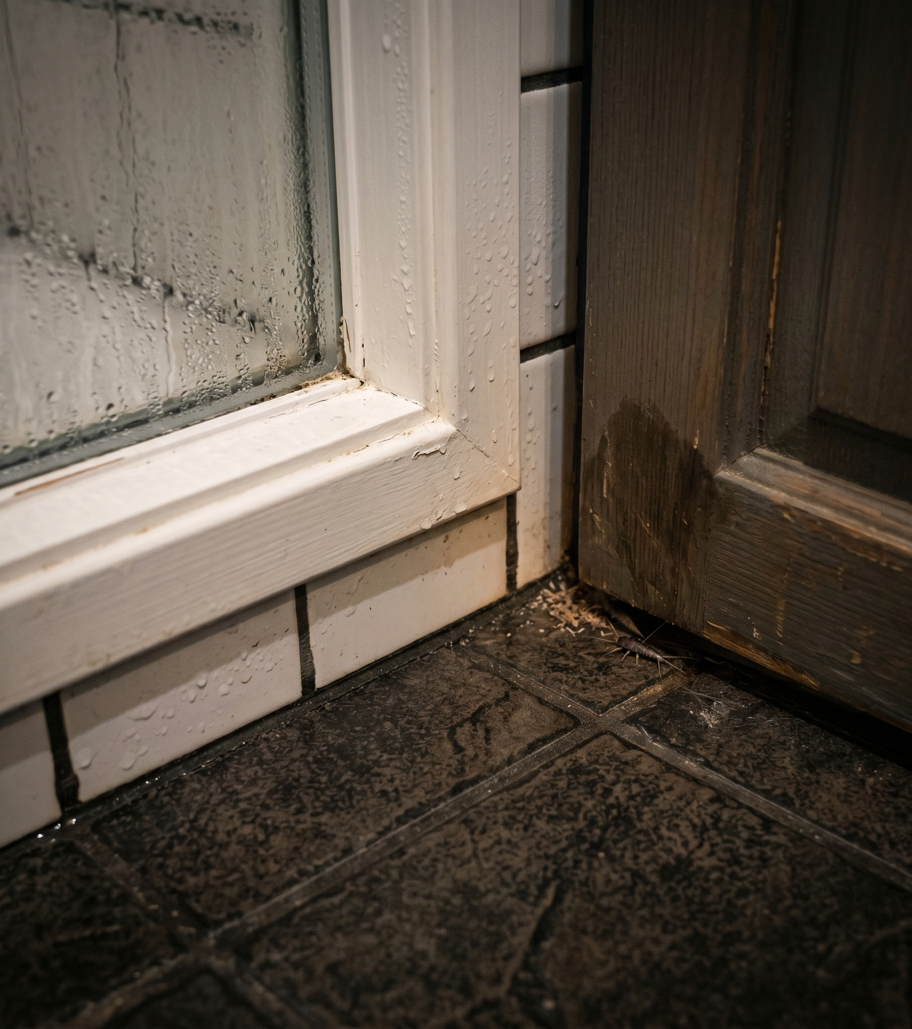 indoor condensation and humidity problem inside bathroom window and wall corner with subtle silverfish infestation