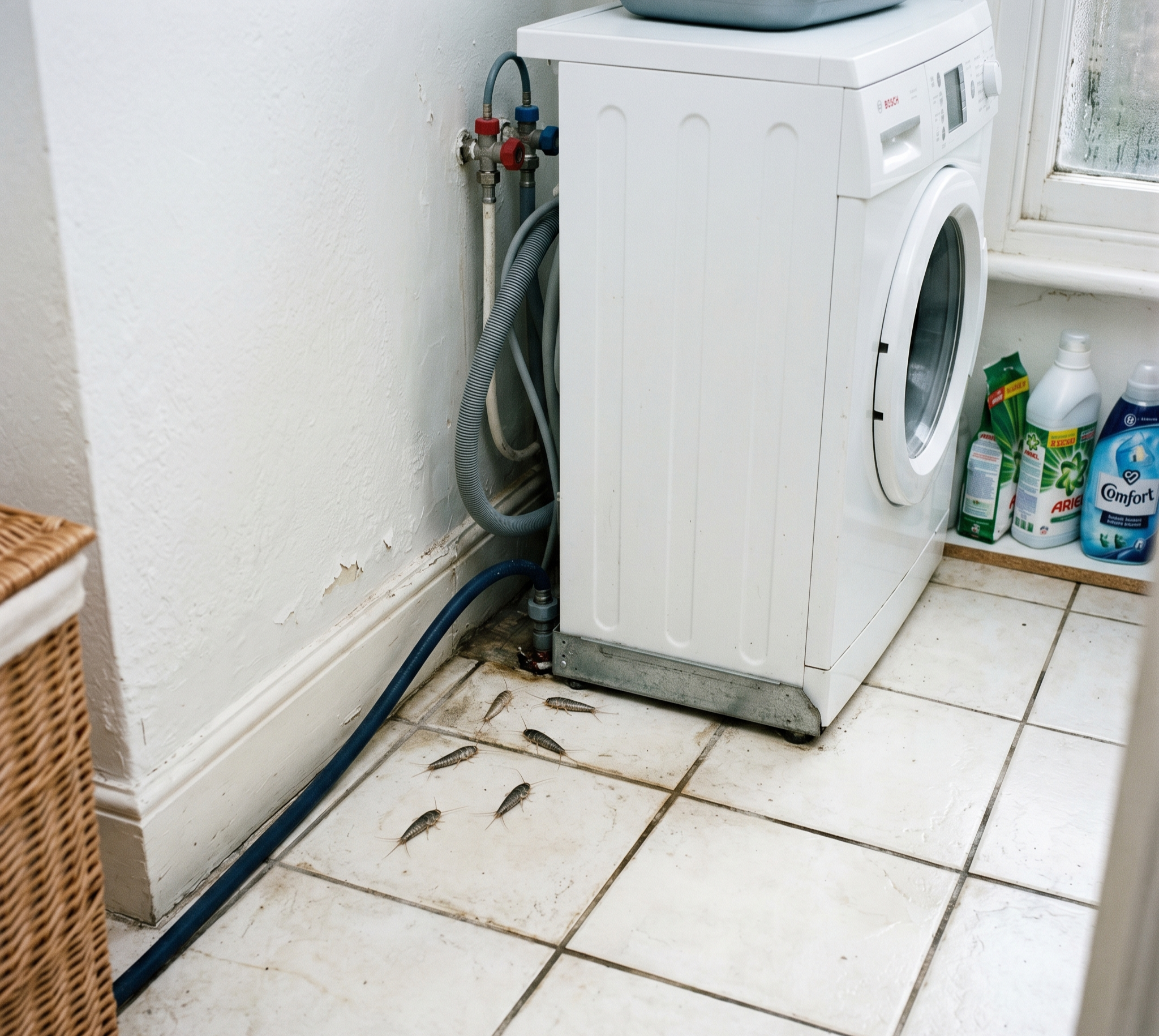 Utility and laundry room with subtle silverfish activity near washing machine