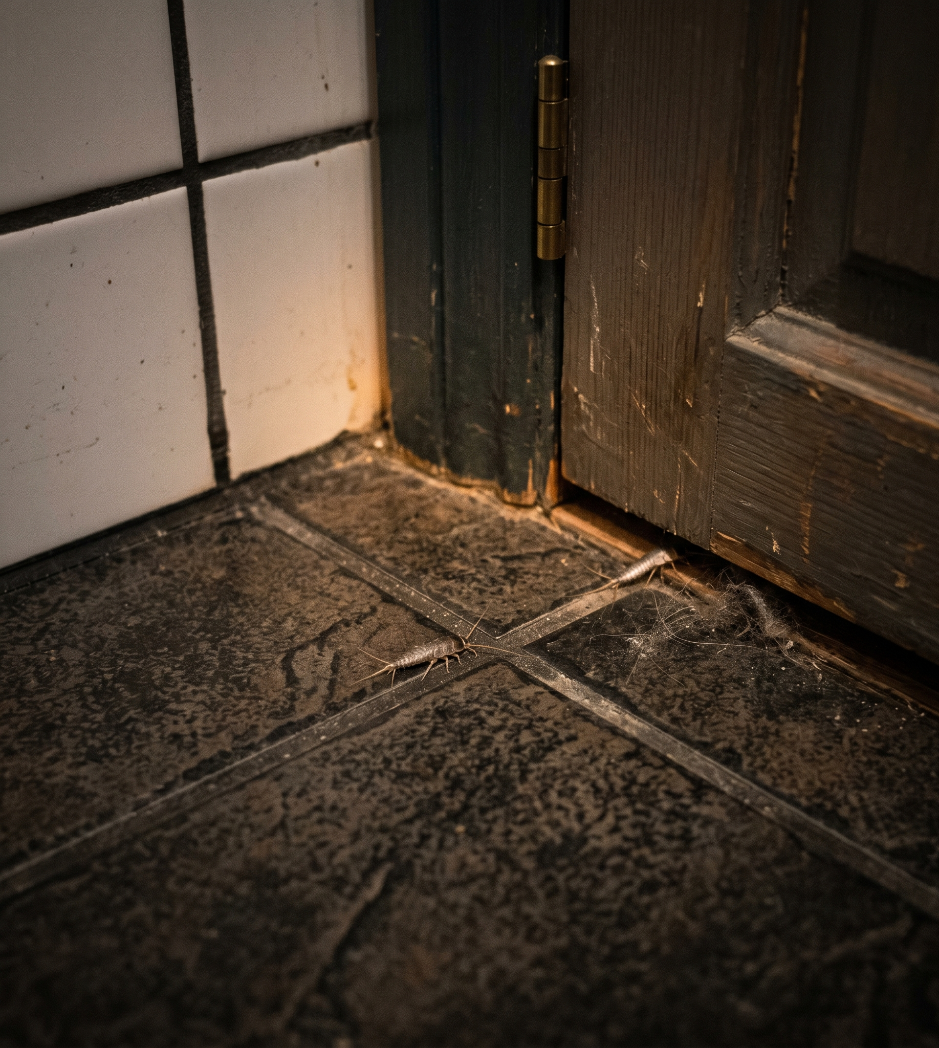 silverfish activity at night near bathroom floor and storage cupboard area